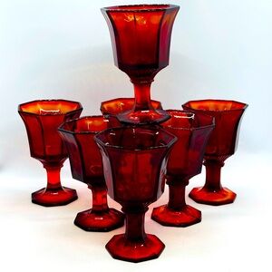 VTG Set/7 Independence Glass Octagonal Ruby Amberina Wine/Juice Goblets 4 1/2” T